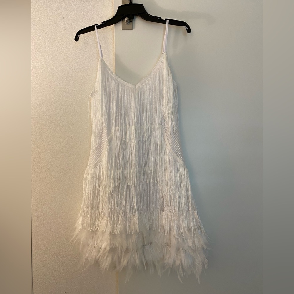 White Sequin & Feather Dress